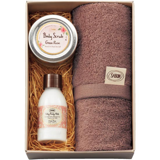 SABON シルキーボディミルク ＆ボディスクラブミニ＆オーガニックタオル（ﾛｰｽﾞ）1