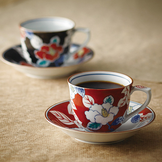有田焼 色彩山茶花 ペアコーヒー碗皿2